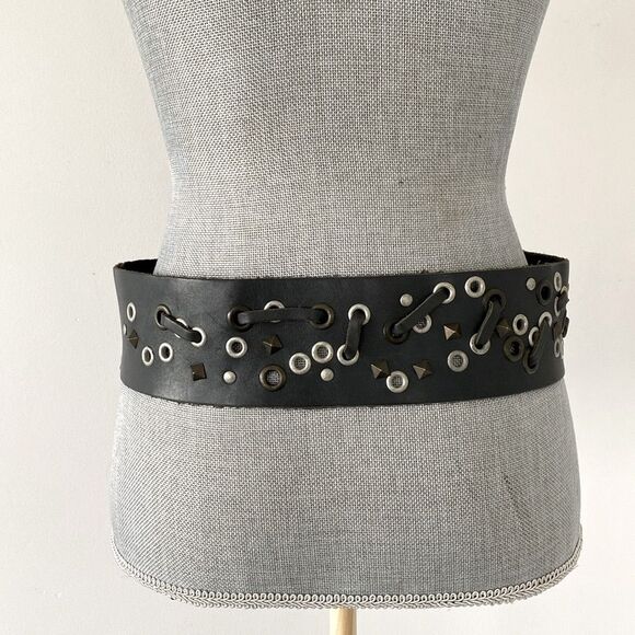 Black 3”W Silver Studded Leather Belt sz M Moto, Boho, Festival Modern Emo Goth - Picture 3 of 14